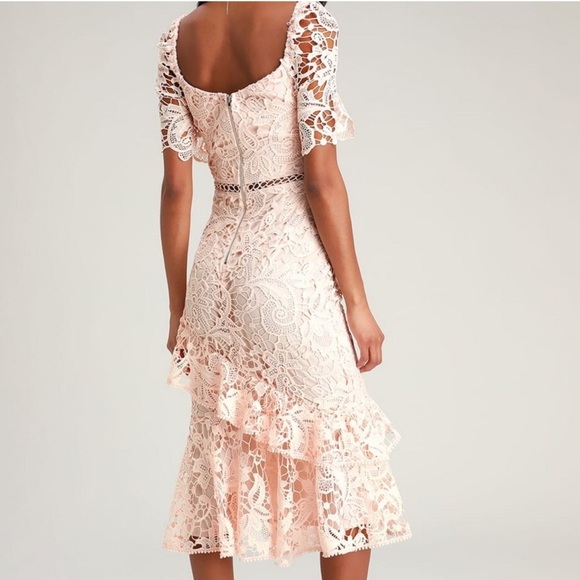 Lulus Women M Briarwood Blush Pink Lace Ruffled Bodycon Midi Dress NWT - Picture 2 of 14
